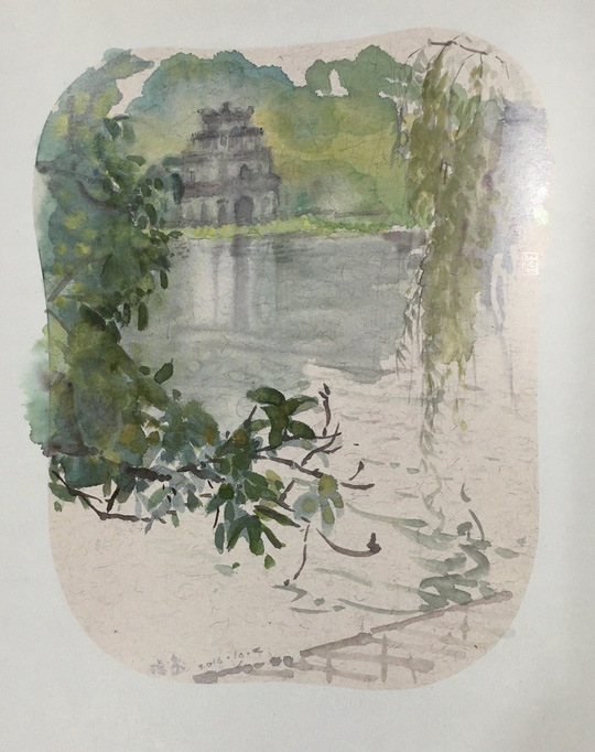 "Tháp Rùa" - Tranh màu nước trên lụa của Trần Dật, vẽ tại Hà Nội năm 2016