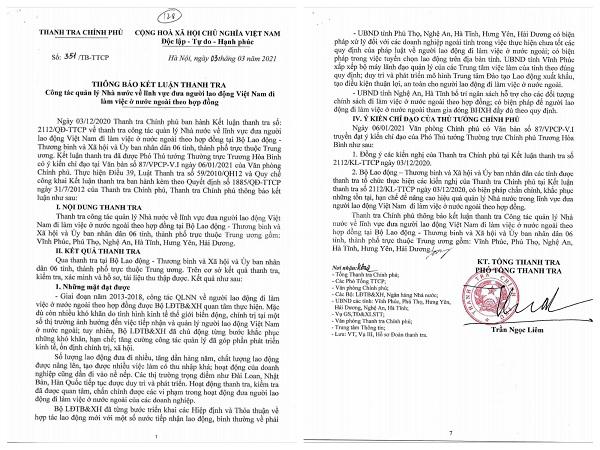 Thanh tra Chính phủ kiến nghị: Thanh tra toàn diện một doanh nghiệp XKLĐ, kiểm điểm Chánh Thanh tra Bộ LĐTB&XH thời kỳ 2013- 2018