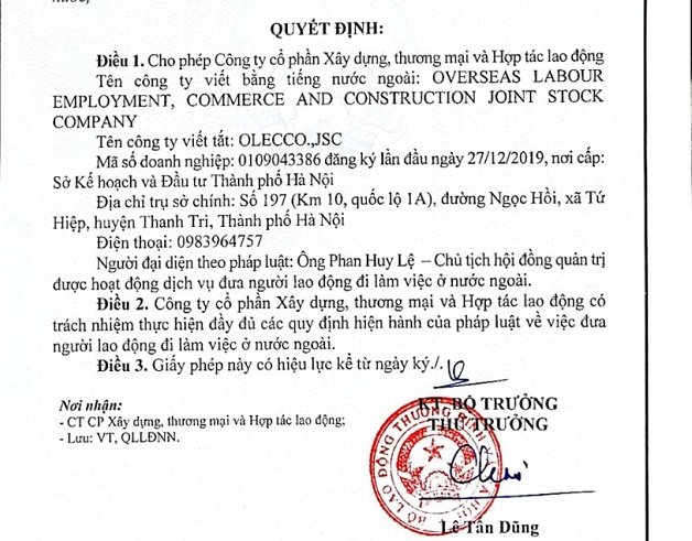 Công ty OLECCO.,JSC bố cáo về Hoạt động dịch vụ đưa người lao động đi làm việc ở nước ngoài